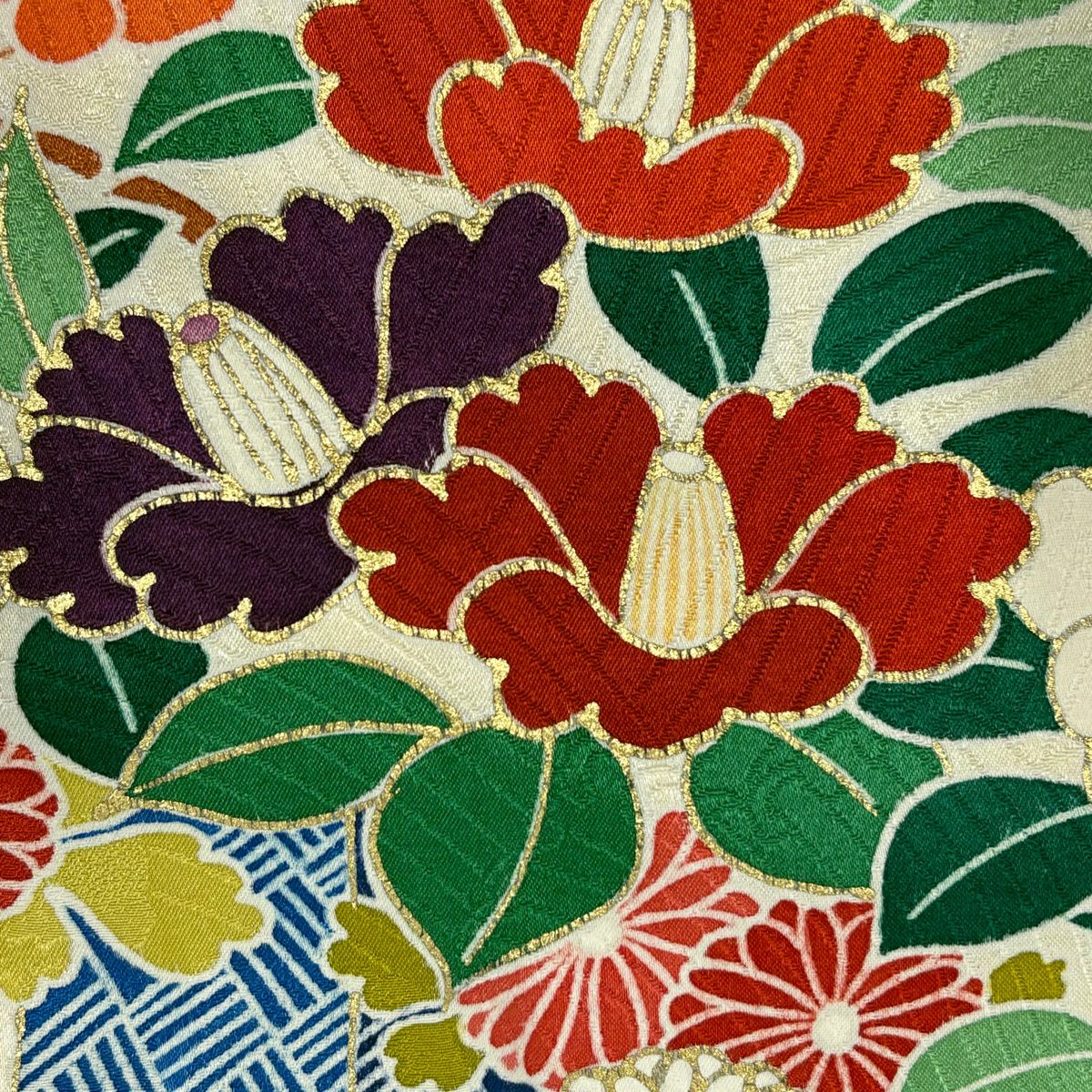 振袖禮服 身長160cm 袖長65cm M 雙層 松樹竹子梅花 菊花 金絲 刺繡 奶油色 純蠶絲 名品級