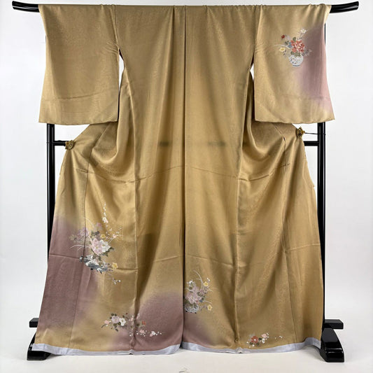 【美品】 付下 身長170.5cm 袖長72cm 未仕立 單層花羽 花器 草花紋紋 漸層 黃土色 純蠶絲 優品級