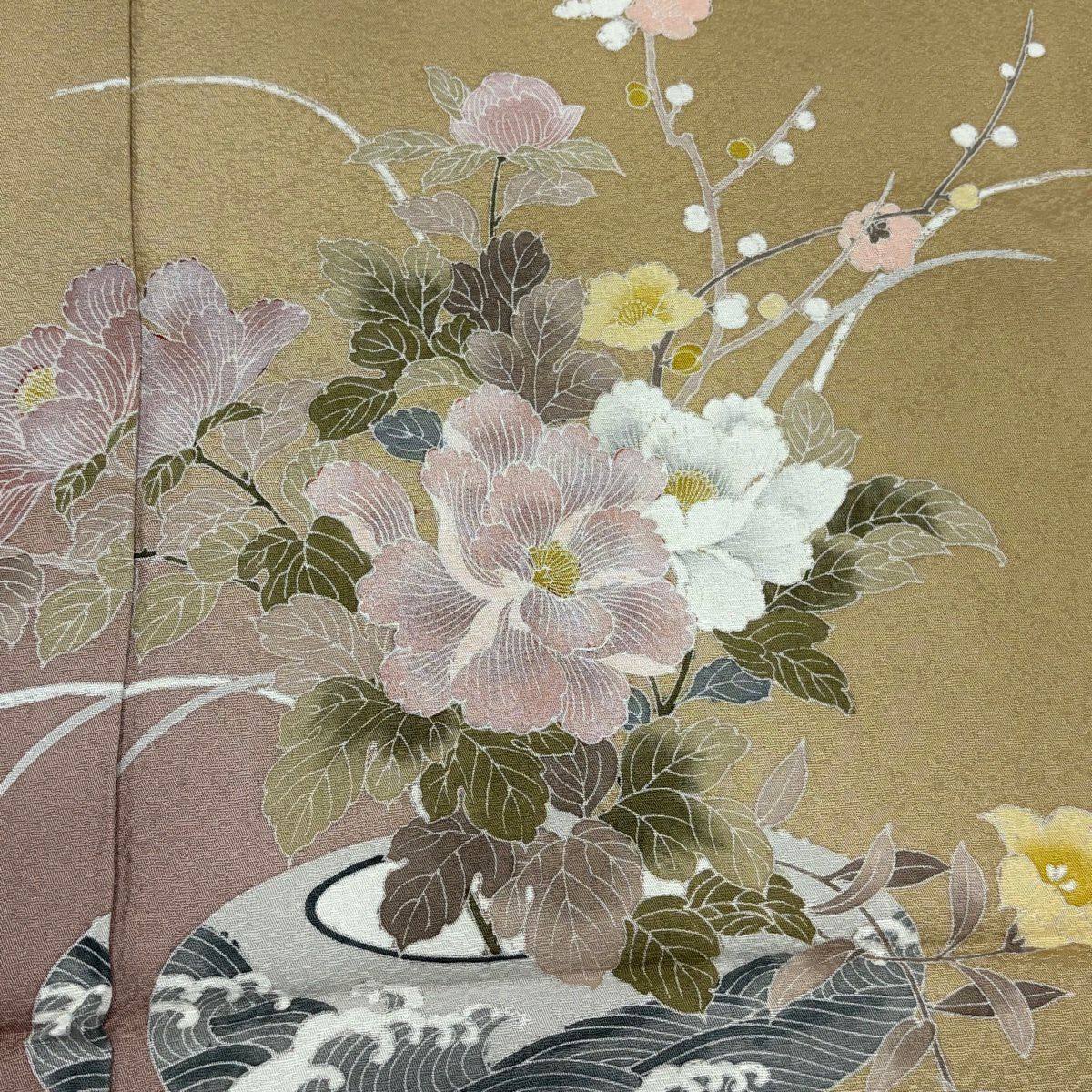 【美品】 付下 身長170.5cm 袖長72cm 未仕立 單層花羽 花器 草花紋紋 漸層 黃土色 純蠶絲 優品級