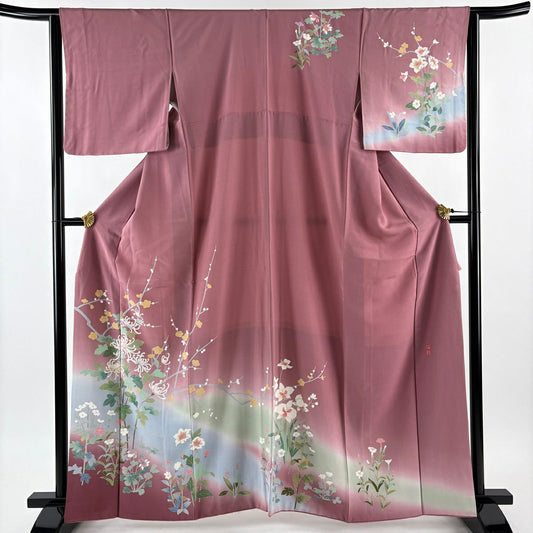訪問服 身長162.5cm 袖長63.5cm S 雙層 落款有 亂菊花 枝梅花 染分 淡化 紅紫 純蠶絲 優品級
