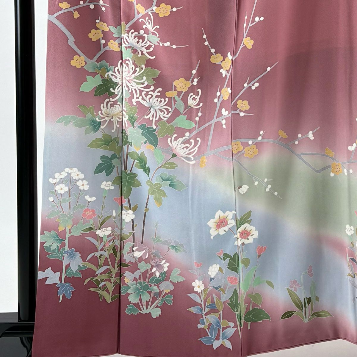 訪問服 身長162.5cm 袖長63.5cm S 雙層 落款有 亂菊花 枝梅花 染分 淡化 紅紫 純蠶絲 優品級