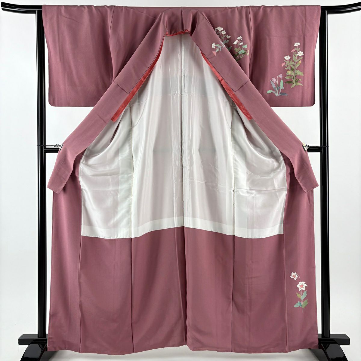 訪問服 身長162.5cm 袖長63.5cm S 雙層 落款有 亂菊花 枝梅花 染分 淡化 紅紫 純蠶絲 優品級