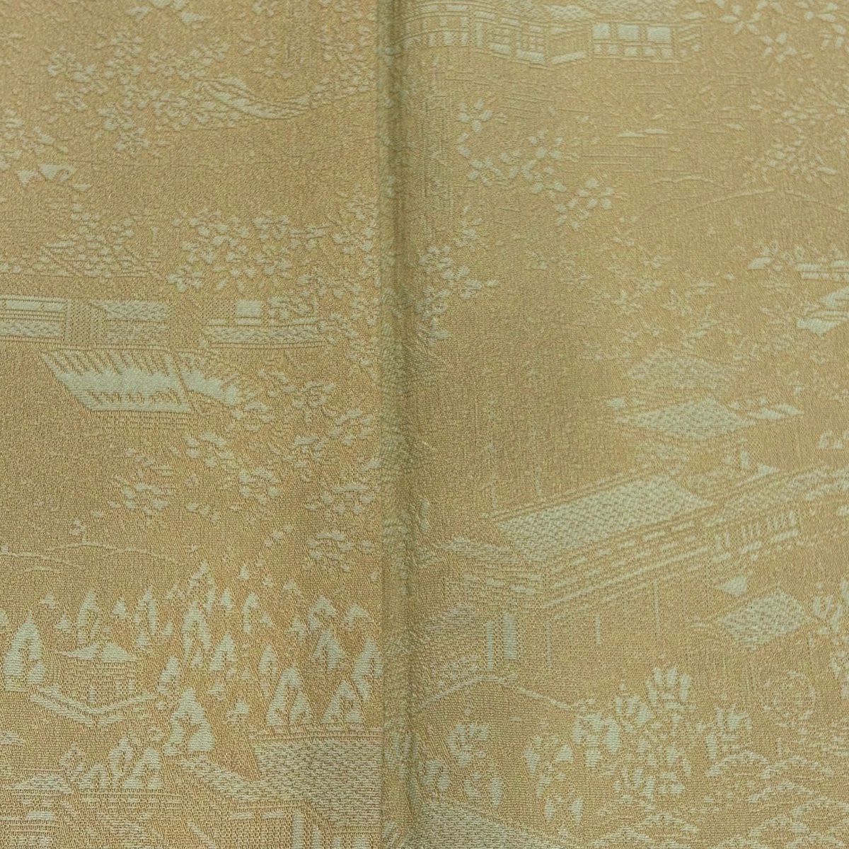 小紋 身長160.5cm 袖長64cm M 雙層 京名所三十六景 樹木 薄黃土色 純蠶絲 秀品級 一個紋