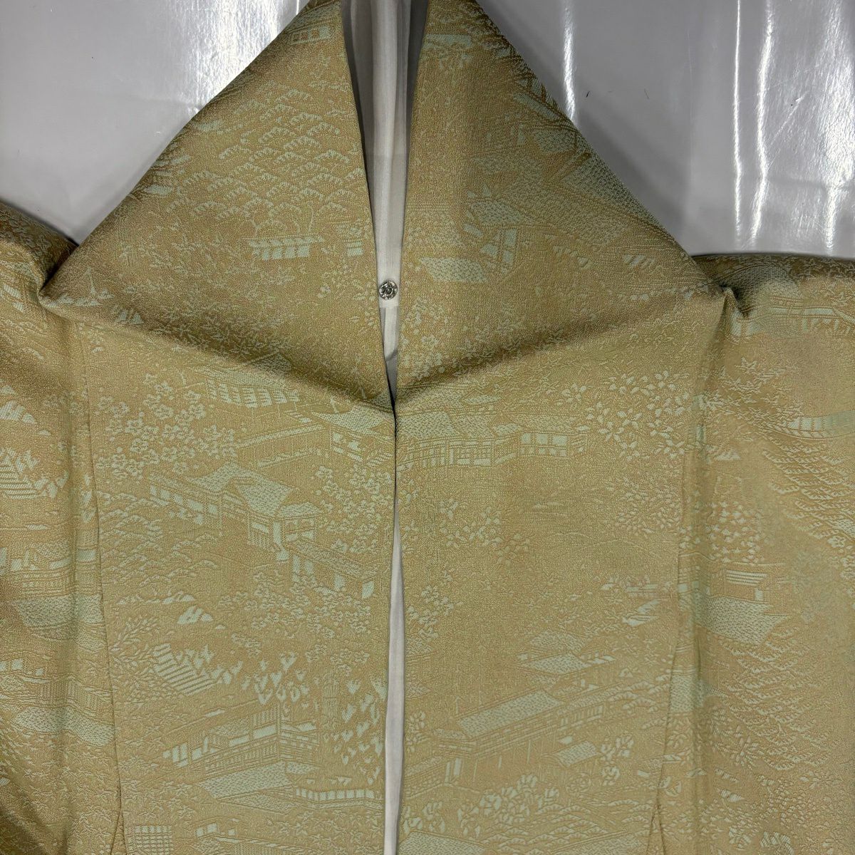 小紋 身長160.5cm 袖長64cm M 雙層 京名所三十六景 樹木 薄黃土色 純蠶絲 秀品級 一個紋