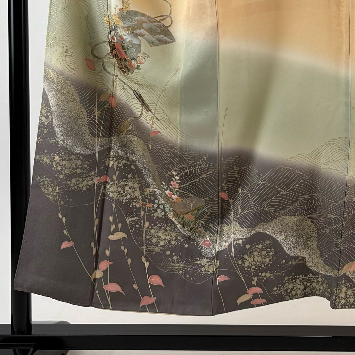 訪問服 身長152cm 袖長67.5cm L 雙層 雪輪 草花紋紋 金銀彩 染分 薄橙色 純蠶絲 秀品級