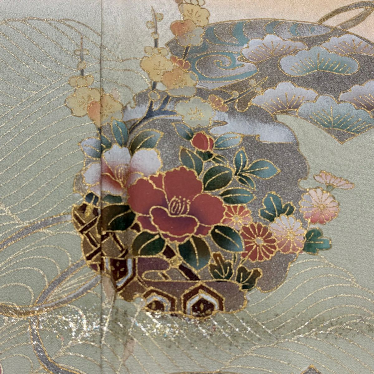 訪問服 身長152cm 袖長67.5cm L 雙層 雪輪 草花紋紋 金銀彩 染分 薄橙色 純蠶絲 秀品級
