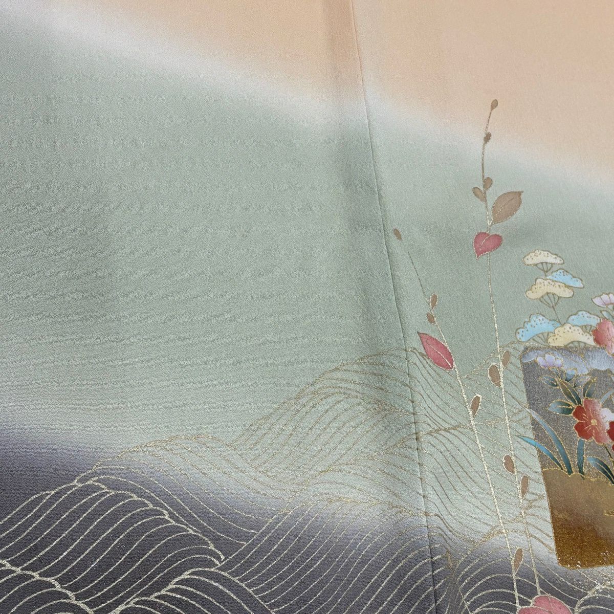 訪問服 身長152cm 袖長67.5cm L 雙層 雪輪 草花紋紋 金銀彩 染分 薄橙色 純蠶絲 秀品級