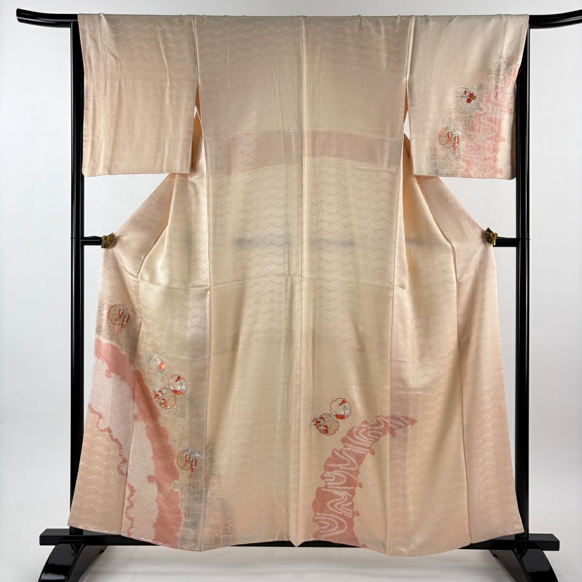 付下 身長158.5cm 袖長66.5cm M 雙層 雪輪 草花紋紋 絞染 刺繡 淺橙色 純蠶絲 優品級