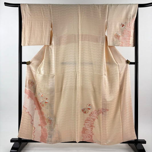 付下 身長158.5cm 袖長66.5cm M 雙層 雪輪 草花紋紋 絞染 刺繡 淺橙色 純蠶絲 優品級
