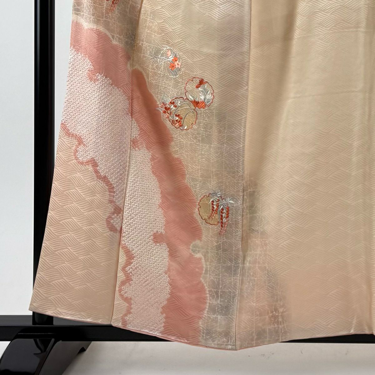 付下 身長158.5cm 袖長66.5cm M 雙層 雪輪 草花紋紋 絞染 刺繡 淺橙色 純蠶絲 優品級