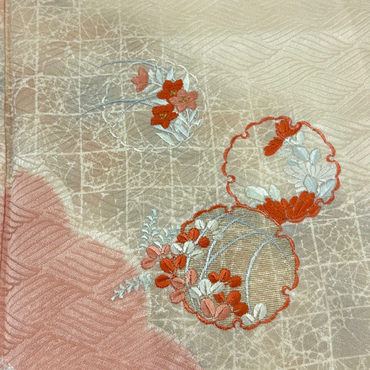 付下 身長158.5cm 袖長66.5cm M 雙層 雪輪 草花紋紋 絞染 刺繡 淺橙色 純蠶絲 優品級
