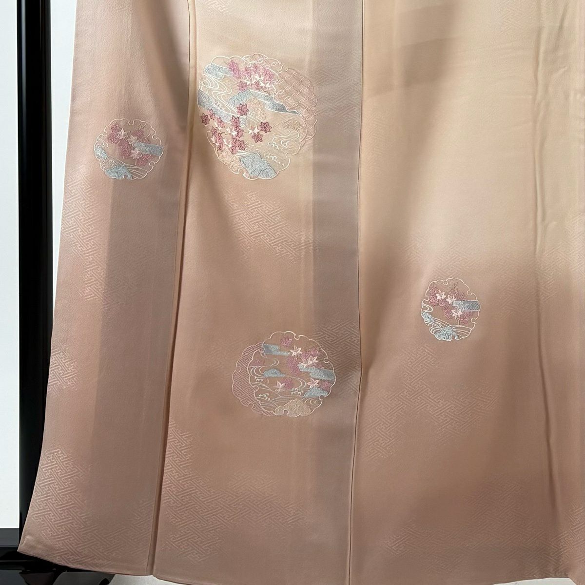 付下 身長160.5cm 袖長64cm M 雙層 雪輪 紅葉 刺繡 漸層 淺粉色 純蠶絲 優品級