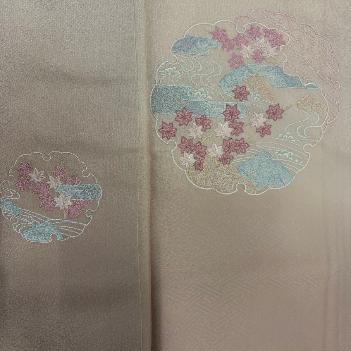 付下 身長160.5cm 袖長64cm M 雙層 雪輪 紅葉 刺繡 漸層 淺粉色 純蠶絲 優品級