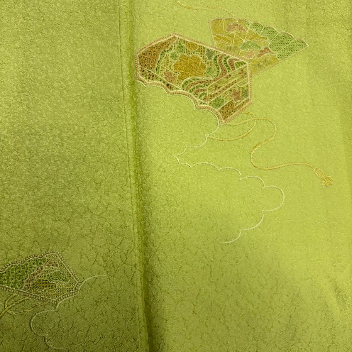 【美品】 付下 身長159cm 袖長65.5cm M 雙層 檜扇子 雲紋 刺繡 漸層 黃綠 純蠶絲 秀品級 一つ紋