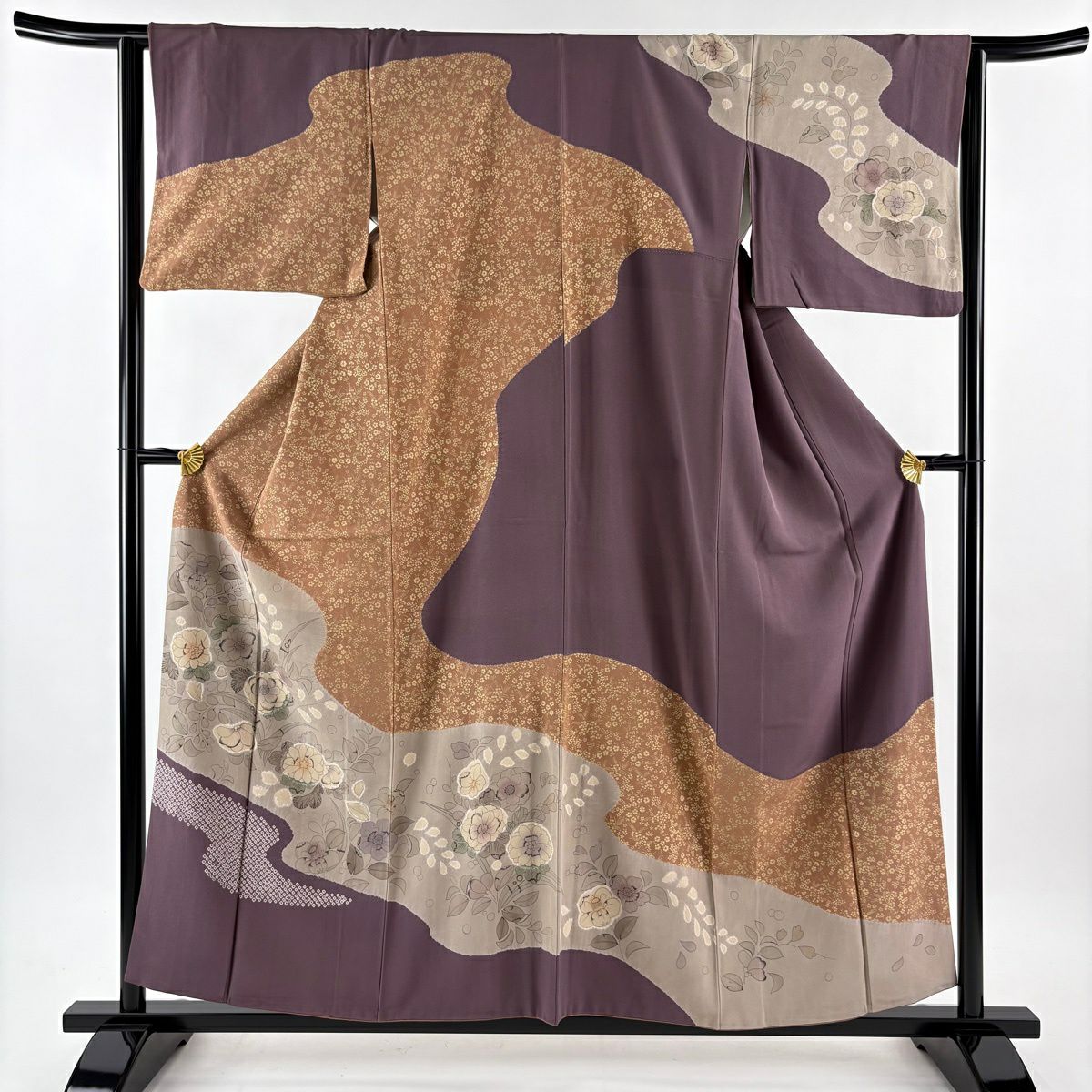 訪問服 身長157.5cm 袖長63.5cm S 雙層 草花紋紋 霞 金彩裝飾 薄茶 純蠶絲 秀品級