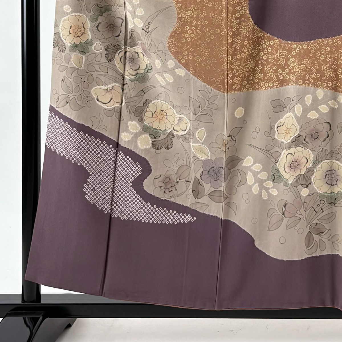 訪問服 身長157.5cm 袖長63.5cm S 雙層 草花紋紋 霞 金彩裝飾 薄茶 純蠶絲 秀品級