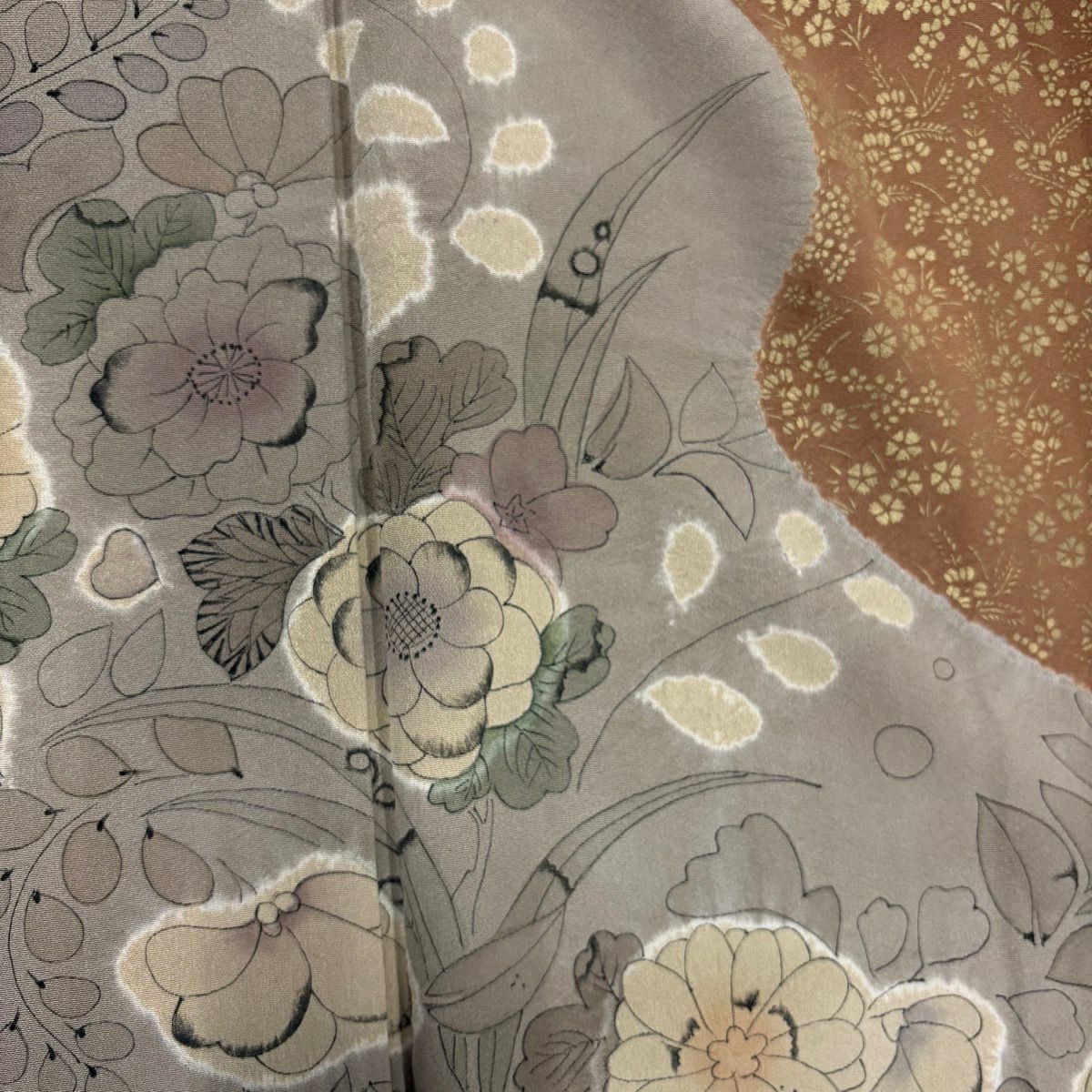 訪問服 身長157.5cm 袖長63.5cm S 雙層 草花紋紋 霞 金彩裝飾 薄茶 純蠶絲 秀品級