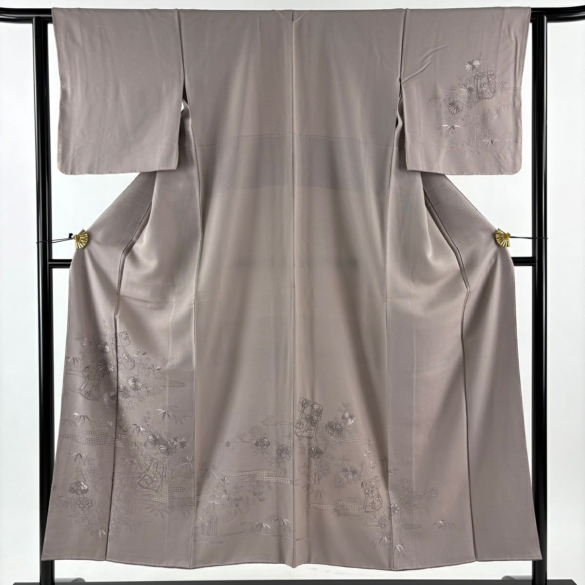訪問服 身長150cm 袖長62cm S 雙層 誰袖 草花紋紋 銀線 灰紫 純蠶絲 優品級