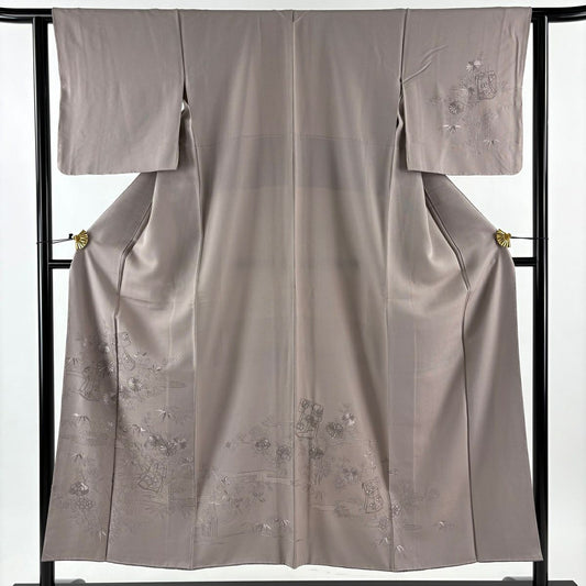 訪問服 身長150cm 袖長62cm S 雙層 誰袖 草花紋紋 銀線 灰紫 純蠶絲 優品級