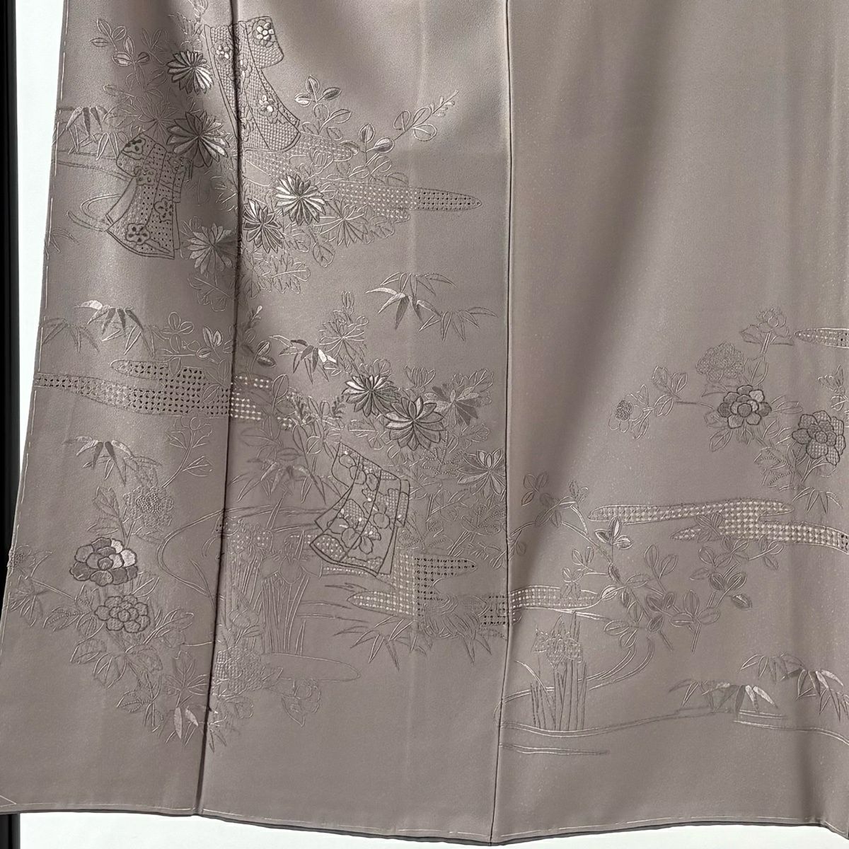 訪問服 身長150cm 袖長62cm S 雙層 誰袖 草花紋紋 銀線 灰紫 純蠶絲 優品級