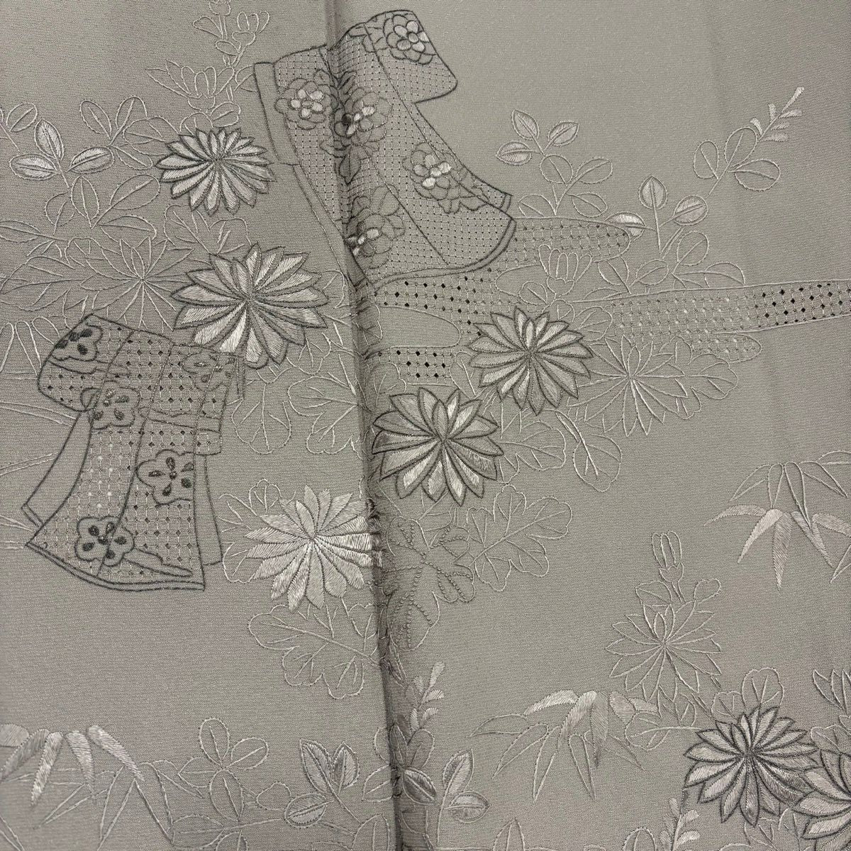 訪問服 身長150cm 袖長62cm S 雙層 誰袖 草花紋紋 銀線 灰紫 純蠶絲 優品級