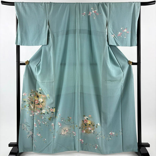 訪問服 身長166cm 袖長70cm L 雙層 椿 笹 金彩裝飾 水色 純蠶絲 秀品級