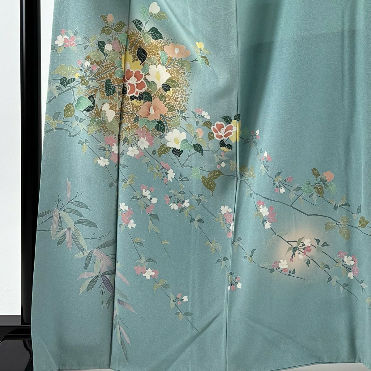 訪問服 身長166cm 袖長70cm L 雙層 椿 笹 金彩裝飾 水色 純蠶絲 秀品級