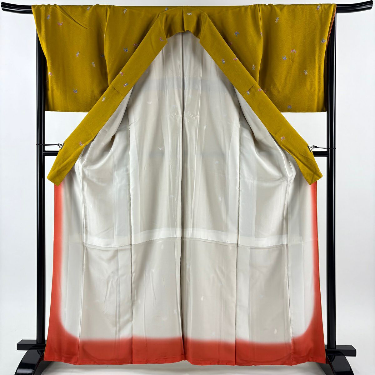 【美品】 小紋 身長164cm 袖長68cm L 雙層 鈴乃屋 折仙鶴 黃土 純蠶絲 秀品級