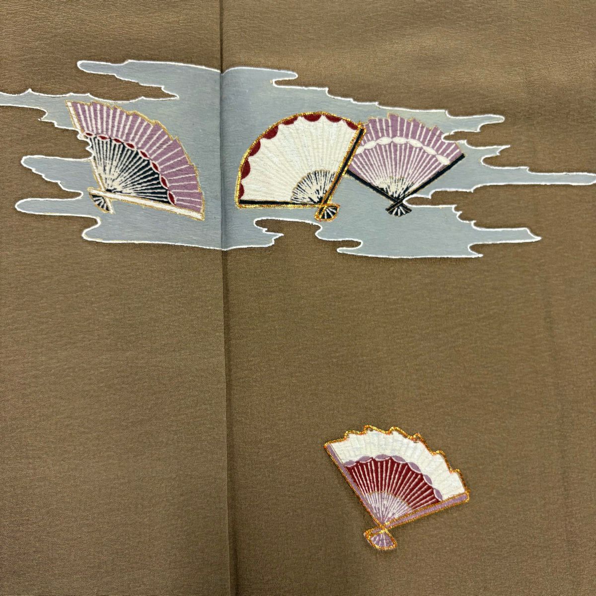付下 身長168cm 袖長64cm M 雙層 扇子子 霞 金絲 金銀彩 茶 純蠶絲 優品級