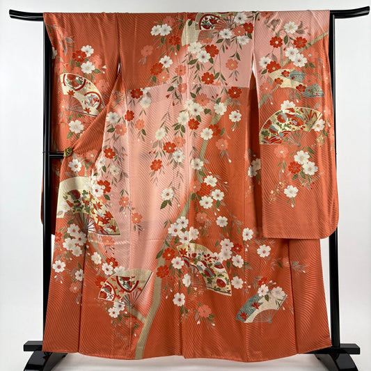振袖禮服 身長161.5cm 袖長66cm M 雙層 扇子 草花紋紋 金絲 金銀彩 鮭粉色 純蠶絲 秀品級