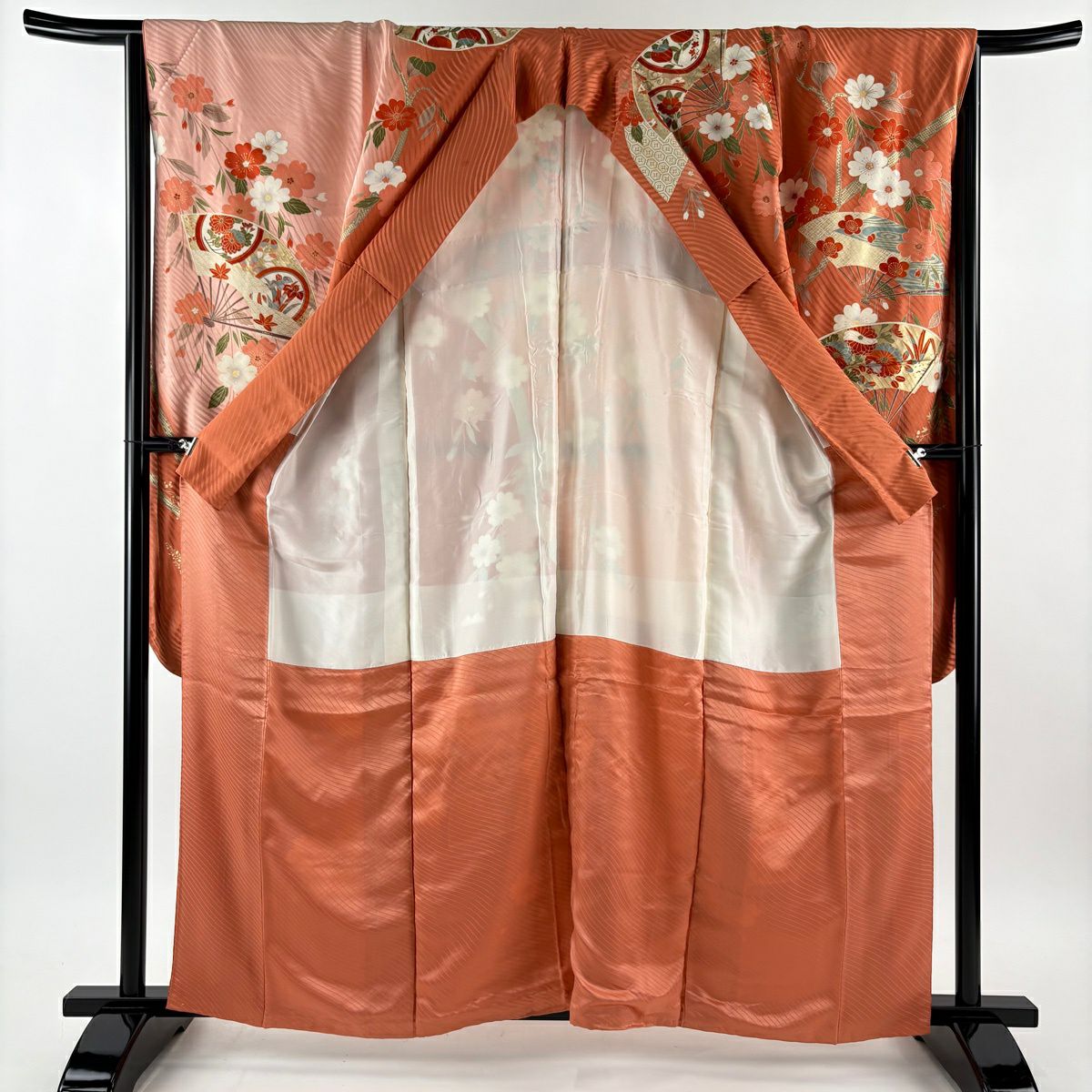 振袖禮服 身長161.5cm 袖長66cm M 雙層 扇子 草花紋紋 金絲 金銀彩 鮭粉色 純蠶絲 秀品級