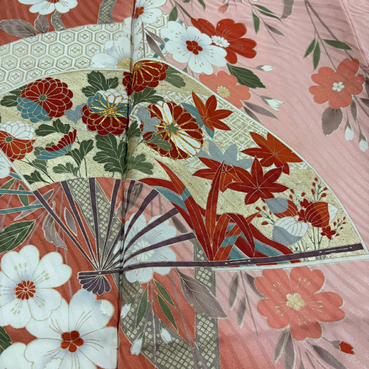 振袖禮服 身長161.5cm 袖長66cm M 雙層 扇子 草花紋紋 金絲 金銀彩 鮭粉色 純蠶絲 秀品級