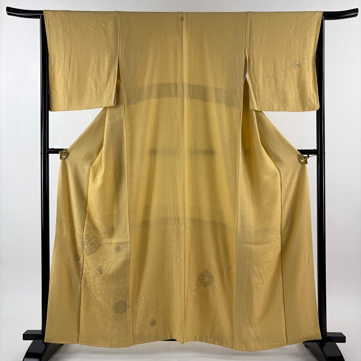 付下 身長160.5cm 袖長63.5cm S 雙層 花唐草紋 華紋 刺繡 金線 淺黃 純蠶絲 優品級 一個紋