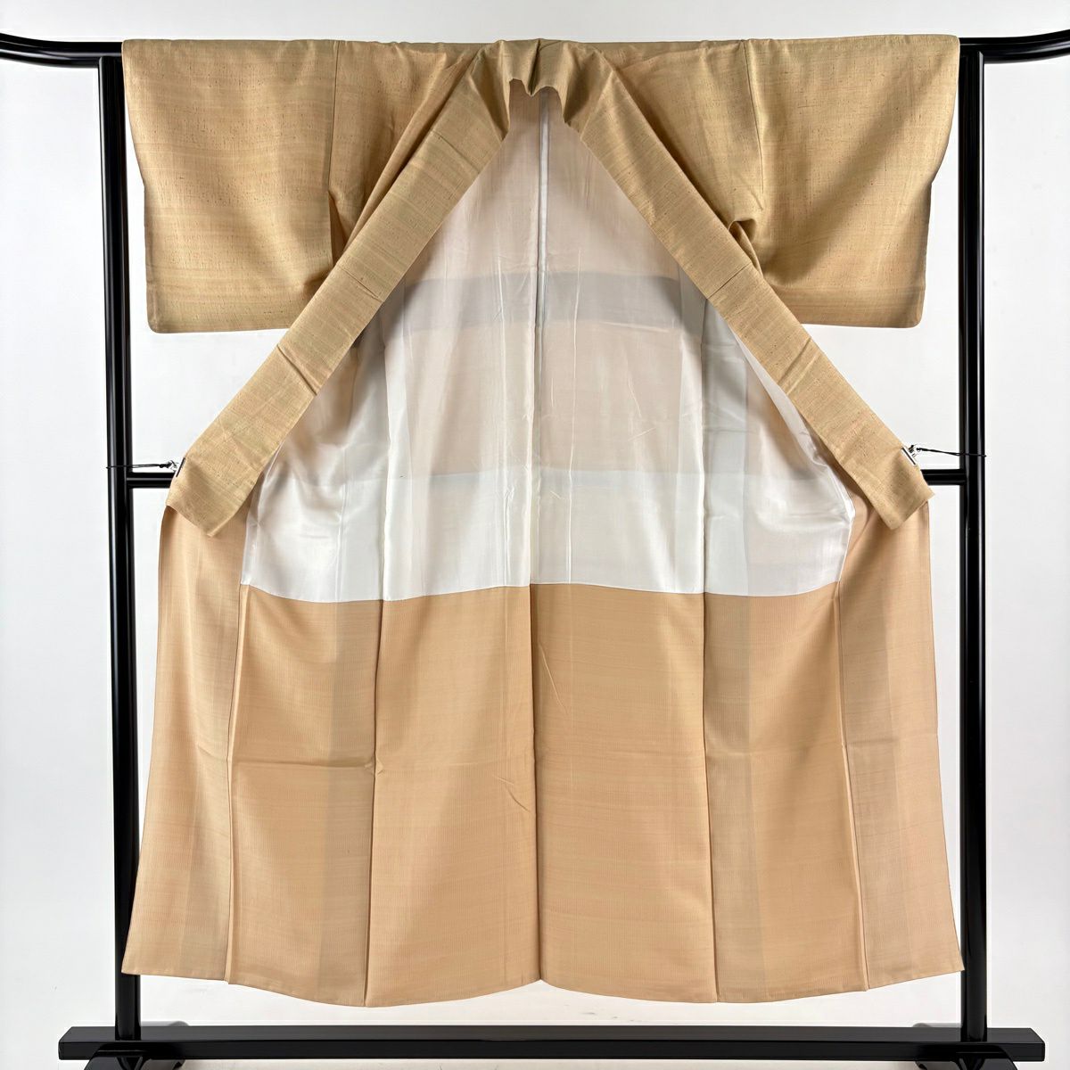【美品】 小紋 身長150.5cm 袖長63cm S 雙層 結城紬織地 證書あり 幾何學 薄茶 純蠶絲 秀品級