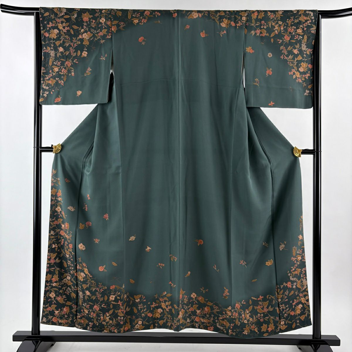 訪問服 身長154cm 袖長65cm M 雙層 草花紋紋 染分 渲染 灰綠 純蠶絲 優品級