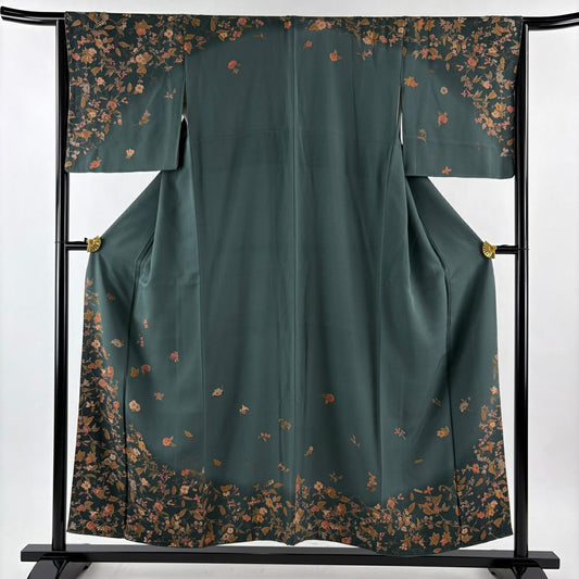 訪問服 身長154cm 袖長65cm M 雙層 草花紋紋 染分 渲染 灰綠 純蠶絲 優品級