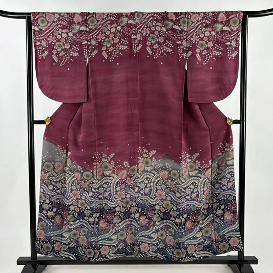 訪問服 身長154.5cm 袖長64.5cm M 雙層 辻花染圖案 縮緬 染分 紅紫 純蠶絲 秀品級