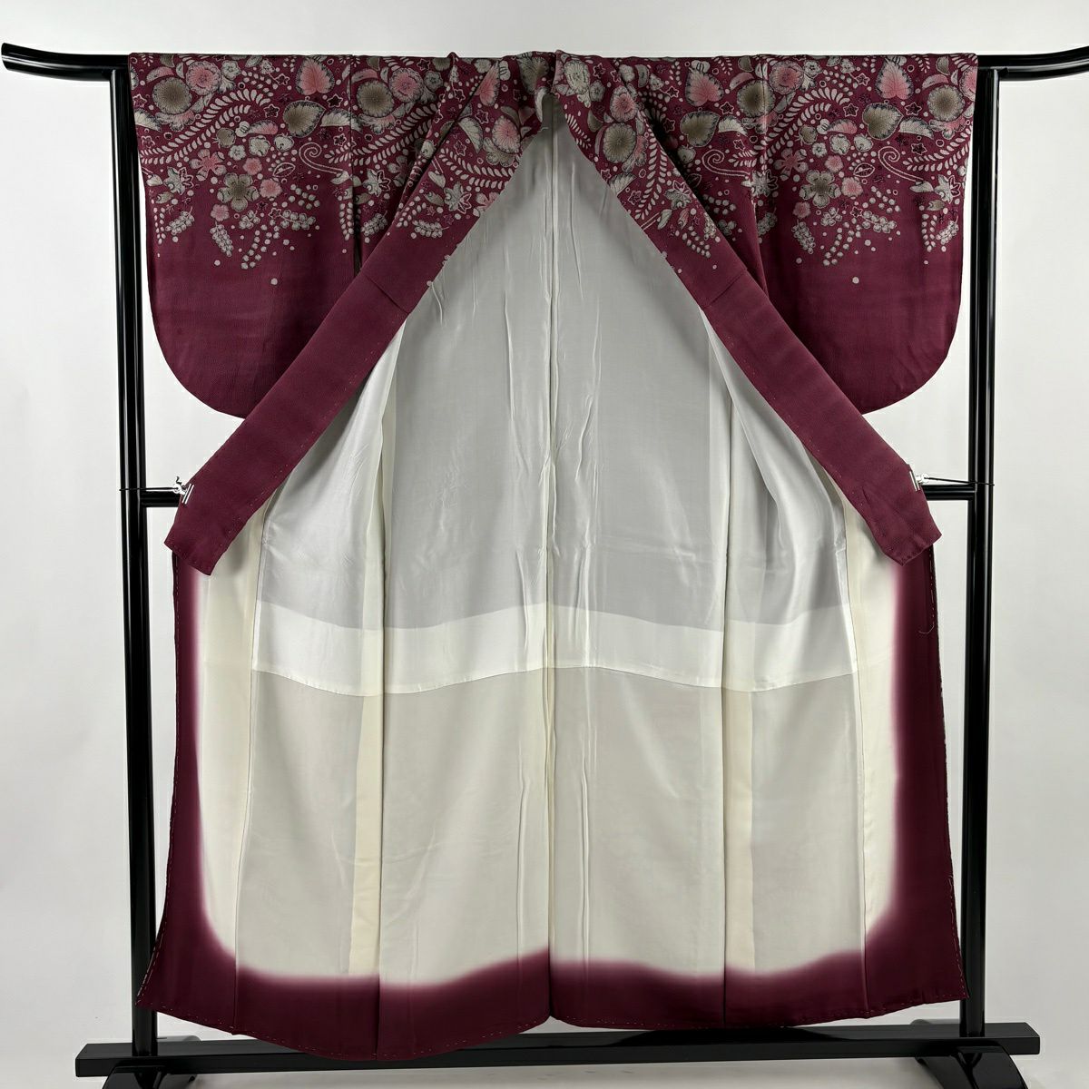 訪問服 身長154.5cm 袖長64.5cm M 雙層 辻花染圖案 縮緬 染分 紅紫 純蠶絲 秀品級
