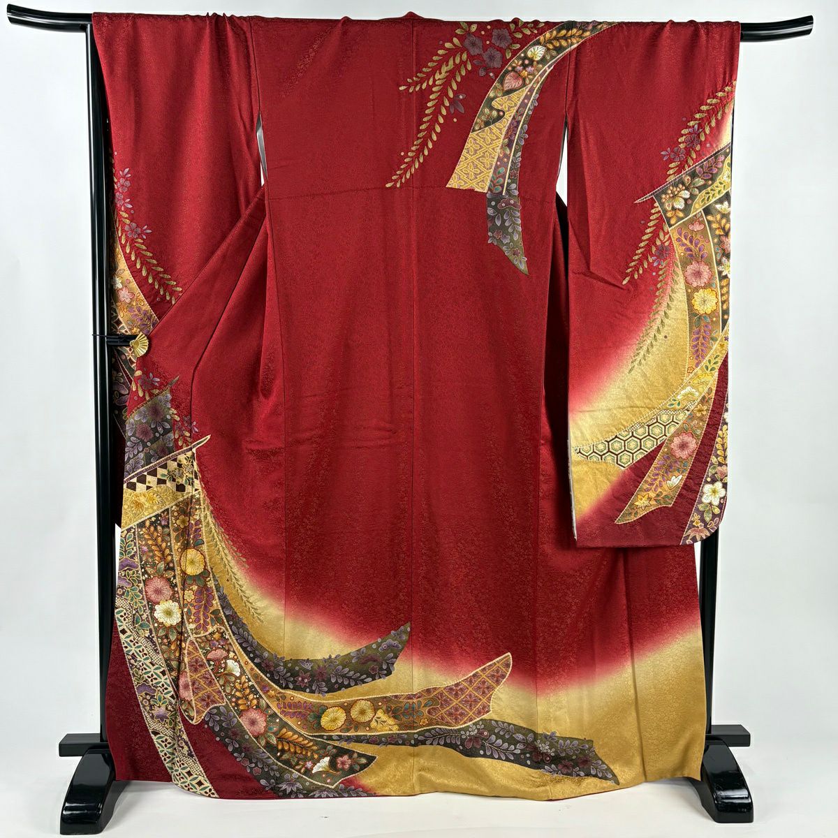 【美品】振袖禮服 身長169.5cm 袖長69cm L 雙層 幾帳 草花紋紋 金通し 金銀彩 紅 純蠶絲 秀品級