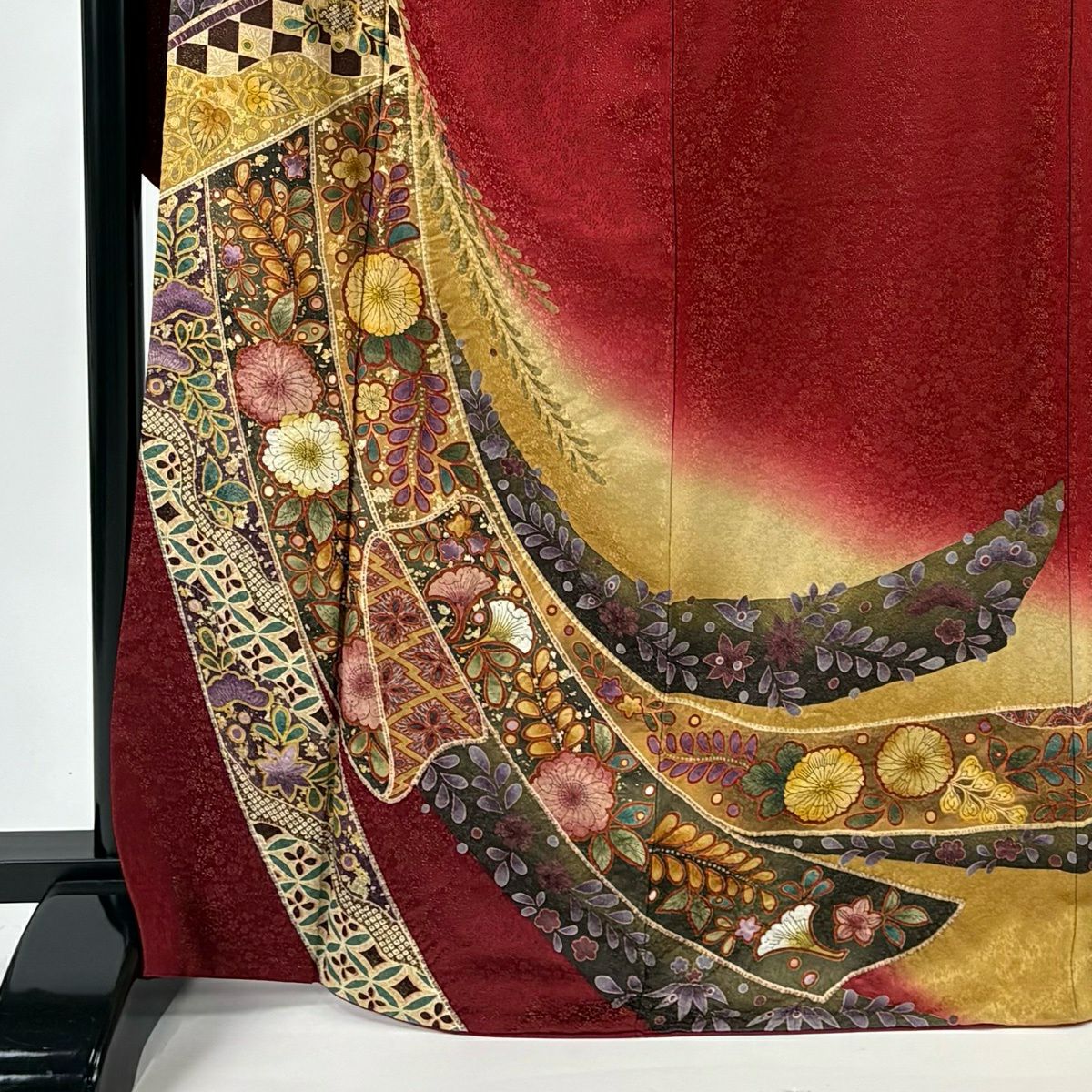 【美品】振袖禮服 身長169.5cm 袖長69cm L 雙層 幾帳 草花紋紋 金通し 金銀彩 紅 純蠶絲 秀品級