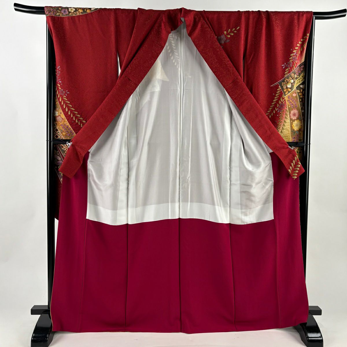 【美品】振袖禮服 身長169.5cm 袖長69cm L 雙層 幾帳 草花紋紋 金通し 金銀彩 紅 純蠶絲 秀品級