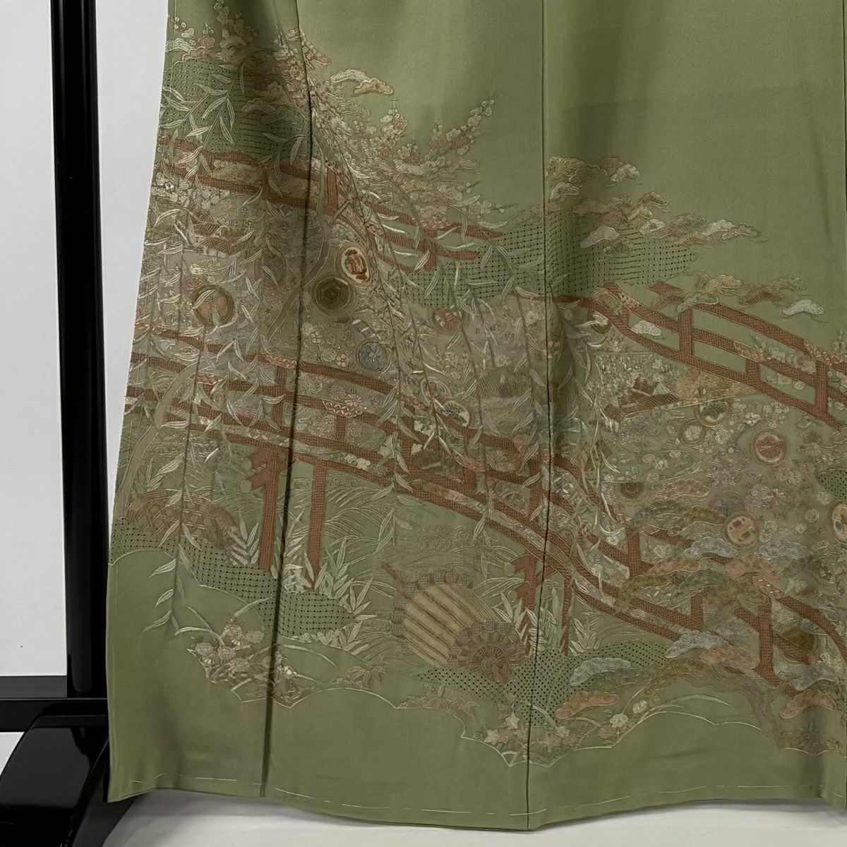 【美品】 留袖禮服禮服 身長166.5cm 袖長68cm L 雙層 松樹竹子梅花 橋 刺繡 蓬色 純蠶絲 秀品級