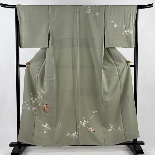 【美品】訪問服 身長159.5cm 袖長66cm M 雙層 童 葉與實 蘇州刺繡 灰綠 純蠶絲 秀品級 一個紋