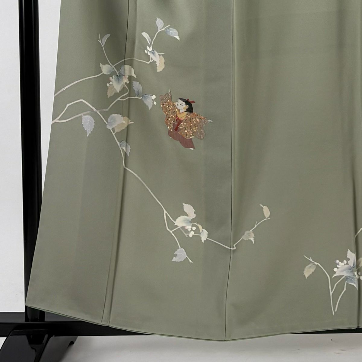 【美品】訪問服 身長159.5cm 袖長66cm M 雙層 童 葉與實 蘇州刺繡 灰綠 純蠶絲 秀品級 一個紋