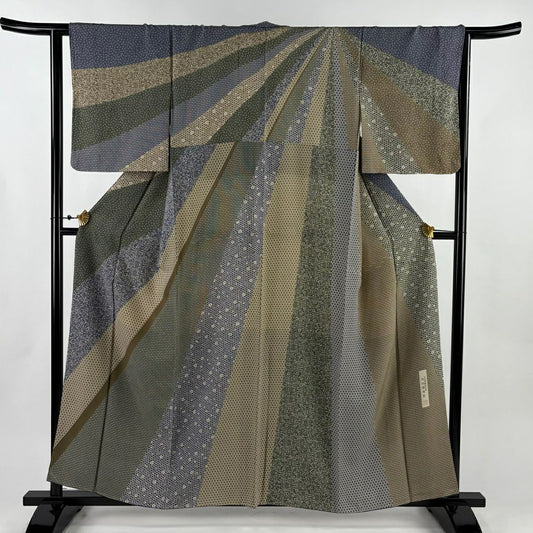 【美品】訪問服 身長159.5cm 袖長64cm M 雙層 落款あり 寄せ柄 櫻花 茶綠 純蠶絲 秀品級