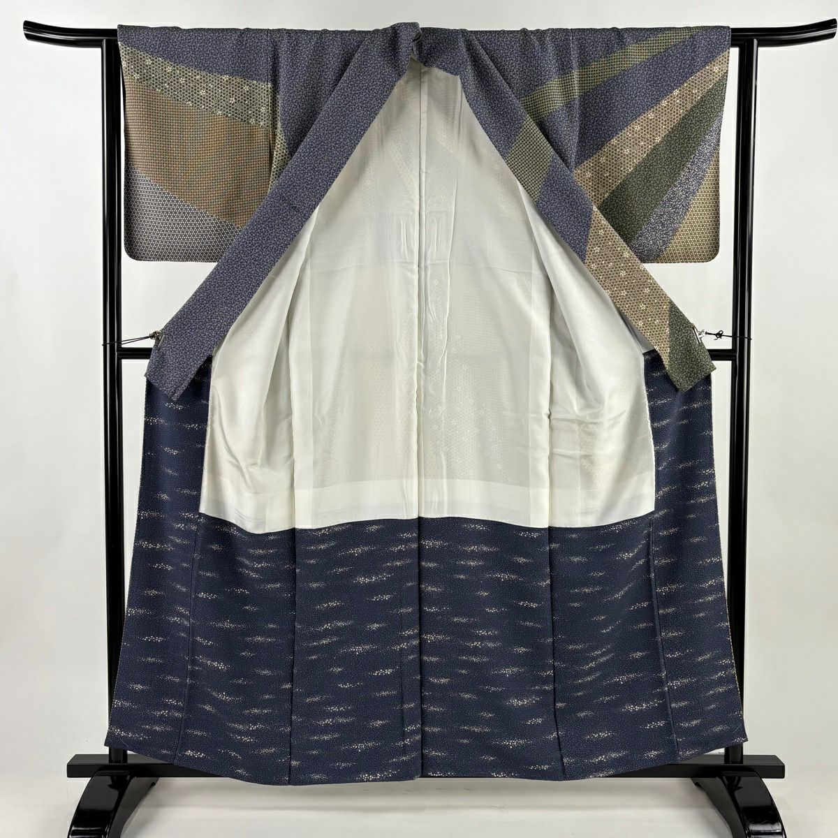 【美品】訪問服 身長159.5cm 袖長64cm M 雙層 落款あり 寄せ柄 櫻花 茶綠 純蠶絲 秀品級