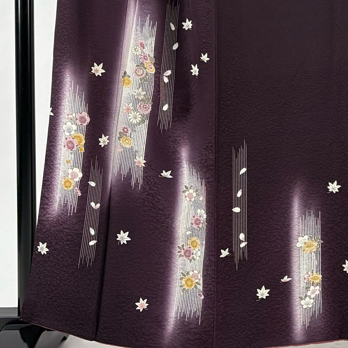 付下 身長161.5cm 袖長68.5cm L 雙層 草花紋紋 花瓣 漸層 金銀彩 深紫 純蠶絲 優品級