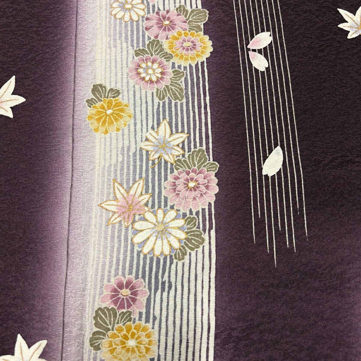 付下 身長161.5cm 袖長68.5cm L 雙層 草花紋紋 花瓣 漸層 金銀彩 深紫 純蠶絲 優品級