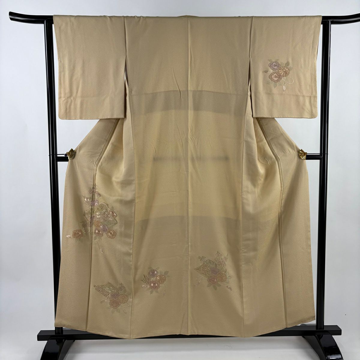【美品】 付下 身長158cm 袖長63cm S 雙層 卷物 草花紋紋 金糸刺繡 淺茶 純蠶絲 優品級