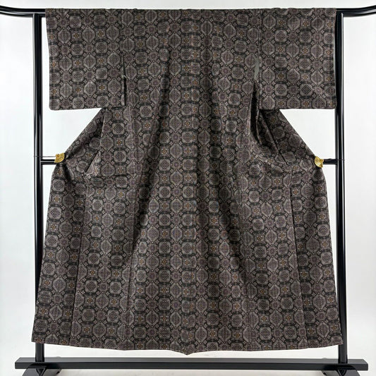【美品】 紬織 身長152.5cm 袖長61cm S 雙層 花 菱 焦茶 純蠶絲 秀品級
